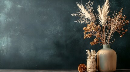 Poster - Elegant autumn floral arrangement with dried leaves stems and seed pods in a neutral ceramic vase placed on a simple rustic background  Cozy natural and serene home decor or interior design concept