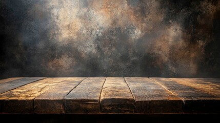 Poster - Sunlight softly illuminates the weathered wood of a rustic table set against a dark slate background, creating an inviting and warm atmosphere ideal for artistic endeavors