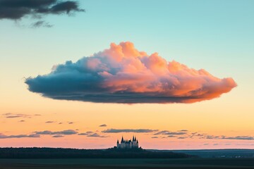 Poster - A cloud shaped like a castle drifting above a colorful sunset.