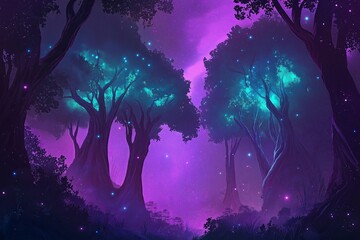 Poster - A cosmic forest with glowing trees under a purple and teal nebula
