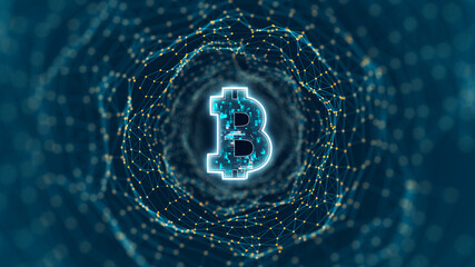 Poster - Blue digital money logo and tunnel line connection with cryptocurrency finance and digital money technology concepts abstract background