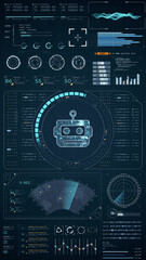 Poster - blue digital robot head with head up display (hud ui) and futuristic technology abstract background 