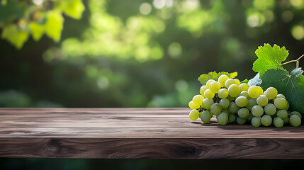 Canvas Print - Wooden table with fresh grapes and free space on nature blurred background