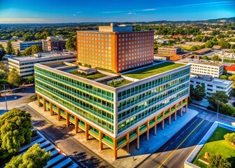 Wall Mural - Mid-Century Modern Office Building Aerial Drone Shot, 1960s Architecture, Geometric Design