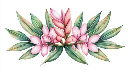 Wall Mural - Beautiful Pink Flowers and Green Leaves Watercolor Art Design