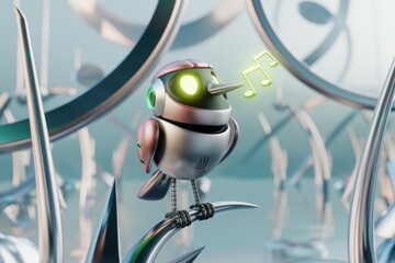 Poster - A robotic hummingbird sings a melodious tune amidst a futuristic, metallic landscape.