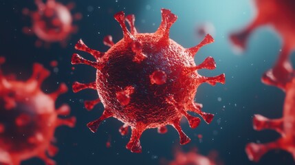 Poster - Red Virus Cell in 3D Illustration with Blue Background Effect