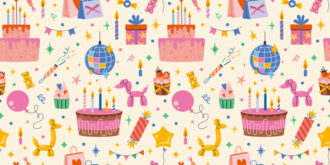 birthday seamless pattern with festive decor like celebration cake with candles, balloons, sweets, g