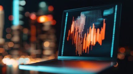 Poster - Dynamic Sound Wave Display on Laptop with City Lights Background