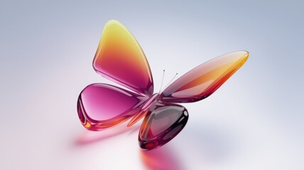 Poster - A vibrant glass butterfly with pink and orange gradient wings, elegantly poised against a soft background.