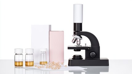 Poster - laboratory microscope with glass vials and clean workspace setup