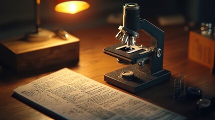 Poster - vintage microscope on wooden table with scientific papers and lamp
