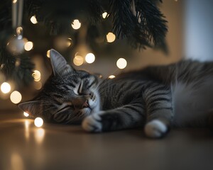 a cozy cat peacefully sleeping beneath a christmas tree adorned with soft lights, capturing the sere