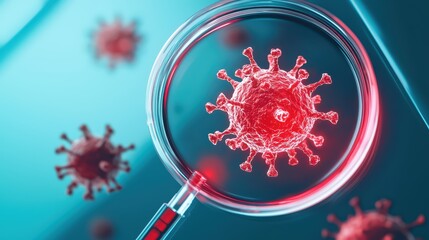 Poster - Virus Under Magnifying Glass in Bright Blue Background
