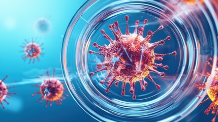 Poster - Vibrant Close-Up of a Virus Surrounded by Cells and Light Effects