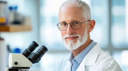 Poster - experienced scientist with microscope in modern laboratory setting