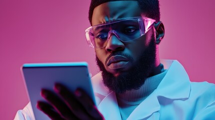 Poster - focused scientist with tablet in vibrant colored lighting