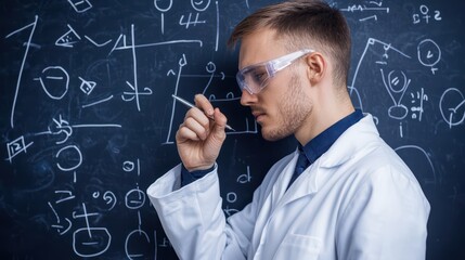 Poster - Thoughtful Scientist in Lab Coat Analyzing Formulas on Chalkboard