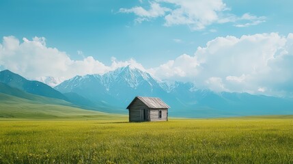 Poster - Serene Mountain Landscape with Isolated Wooden Cabin in Meadow