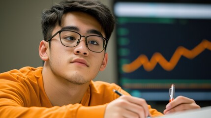 Poster - Young Man in Glasses Analyzing Data Trends in Modern Classroom Setting