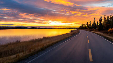 Wall Mural - Lake and road at sunset