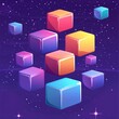 © Uliana - vector style flat illustration building blocks, low-angle, space background, floating blocks, cosmic reflections and stars. clean lines 2D design
