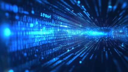 Digital data stream, futuristic tunnel, binary code, glowing background, tech concept