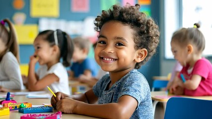 Poster - Engaged children collaborating in a diverse classroom setting during interactive learning activity, Diverse Classroom of Children Engaging in Interactive Learning Activities