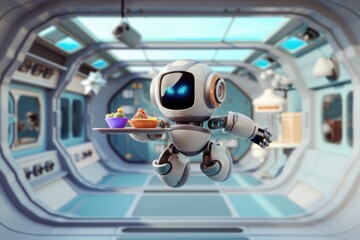 Aufkleber - A cute robot waiter serves food on a tray in a futuristic spaceship corridor.