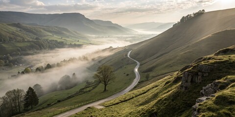 Poster - Misty Mountain Road: Sunlit Valley Fog, Minimalist Landscape Photography