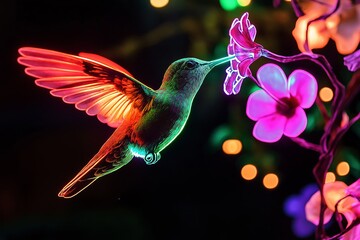 Poster - A hummingbird drinking from a glowing neon flower