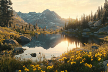 Poster - A serene mountain landscape at sunrise, with golden light reflecting off a crystal-clear lake,