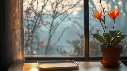 Wall Mural - Serene Food Tray by Window with Soft Light, Cozy Minimalist Scene for Seasonal Branding & Advertising