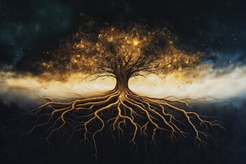 Poster - A tree with its roots extending into a galaxy