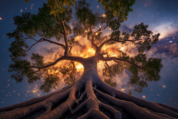 Poster - A tree with its roots extending into a galaxy