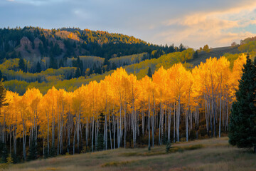 Poster - A vibrant autumn forest with golden sunlight 