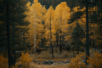Poster - A vibrant autumn forest with golden sunlight 