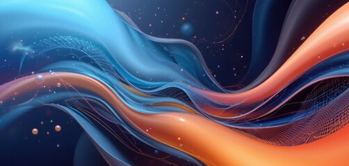 Poster - Abstract flowing digital art with blue, orange and grid patterns on dark background