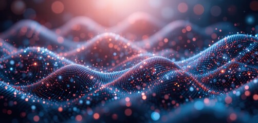 Poster - Abstract digital landscape with glowing particles and grid network in blue and red colors