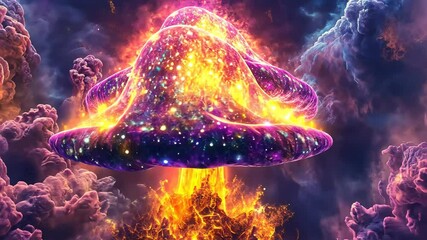 Poster - Glowing psychedelic cosmic mushroom nebula unfolding in vibrant colors, Glowing psychedelic cosmic mushroom nebula