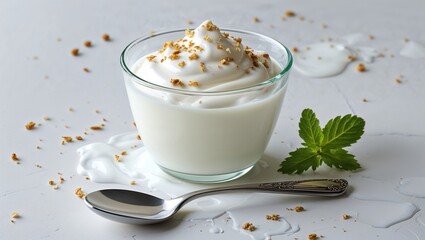 Wall Mural - Spoon and Creamy Yogurt Isolated on White Background, Perfect for Healthy Eating, Snacks, and Desserts