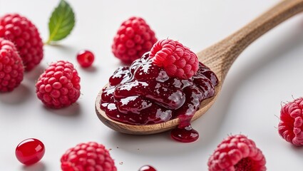 Wall Mural - Wooden Spoon with Raspberry Jam Isolated on White Background, Perfect for Spreading, Cooking, and Tasting