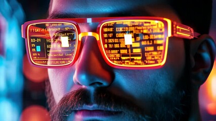 Poster - Bearded man with neon glasses engaged in digital work in a vibrant tech environment, Bearded man with neon glasses looking at digital displays, concept of future technology