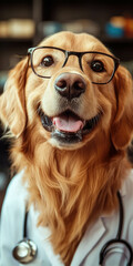 Wall Mural - Dog Doctor In A Medical Costume And Glasses Standing In A Hospital