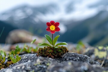 Poster - A vibrant red flower with a yellow center grows resiliently among rocky terrain, showcasing nature's beauty in challenging conditions. Blossom’s Resilience in the Cold, Silent Growth