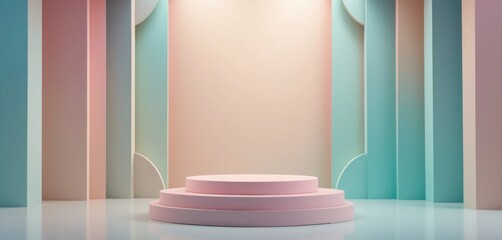 Poster - Abstract pastel stage backdrop with tiered platforms and vertical panels background