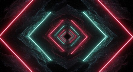 Poster - Abstract neon geometric tunnel with red and blue lights and rough stone walls and star sky background