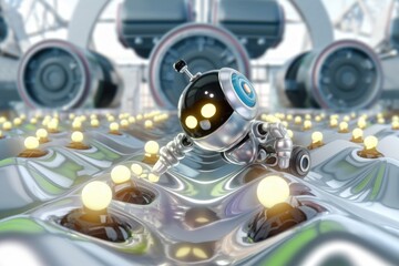 Poster - A cute robot explores a futuristic, metallic, liquid landscape filled with glowing orbs.