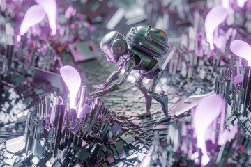 Poster - A metallic robot carefully interacts with glowing, ethereal entities amidst a fragmented, futuristic landscape.