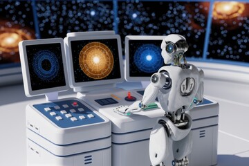 Poster - A white robot operates a futuristic control panel displaying cosmic imagery, suggesting advanced technology and space exploration.
